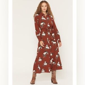 Elegant Long Sleeve Equestrian Print Dress